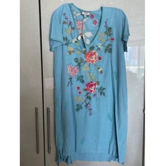 Johnny Was Adele Drape Tunic Dress Floral Embroid Flowers Plaid Viscose Blue New - Picture 2 of 9